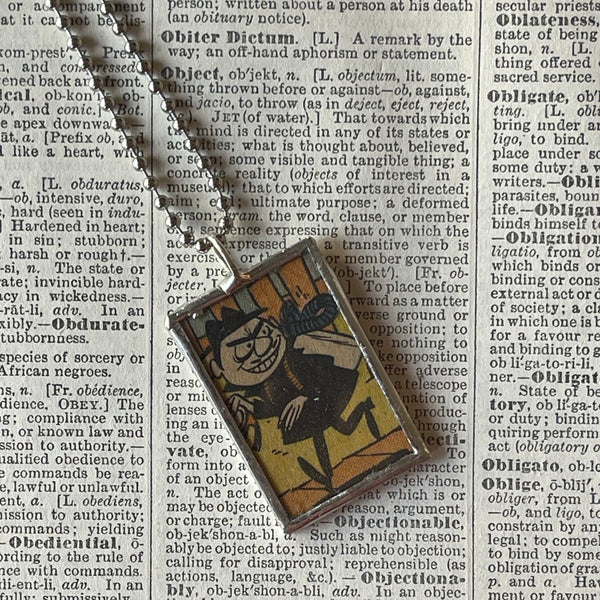 Boris and Natasha, Rocky and Bullwinkle, vintage 1960s comic illustration, upcycled to soldered hand-soldered glass pendant 