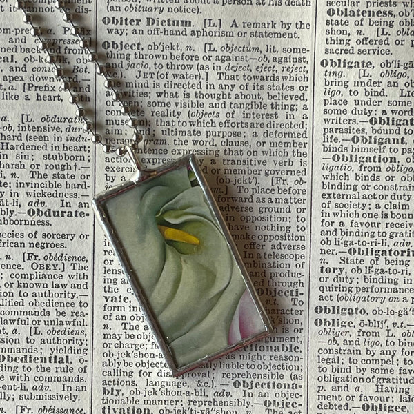 1 Georgia O'Keeffe, Cala Lily, Pink lily, modern art, abstract painting, upcycled to hand-soldered glass pendant