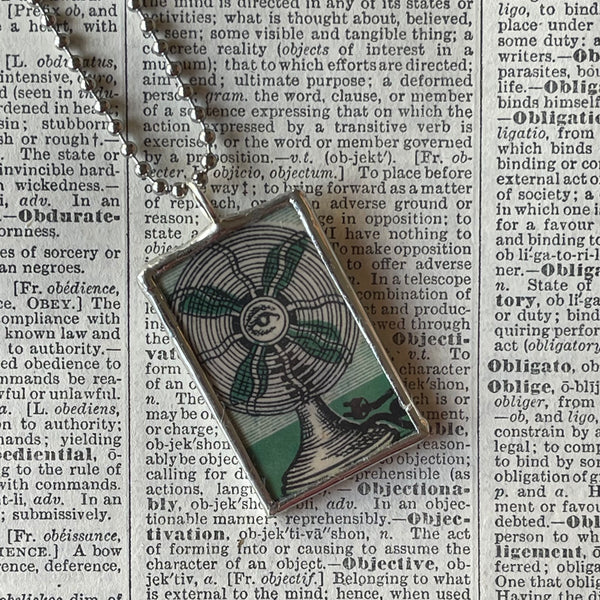 1 Electric fan, matches, vintage illustrations up-cycled to soldered glass pendant
