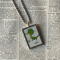 1 Little Green Bird, vintage illustrations from vintage Go Dog Go book, up-cycled to hand-soldered glass pendant