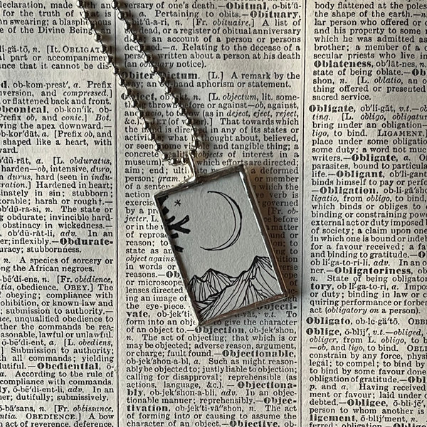 1 Crescent moon, mountains, vintage children's book illustrations upcycled to soldered glass pendant