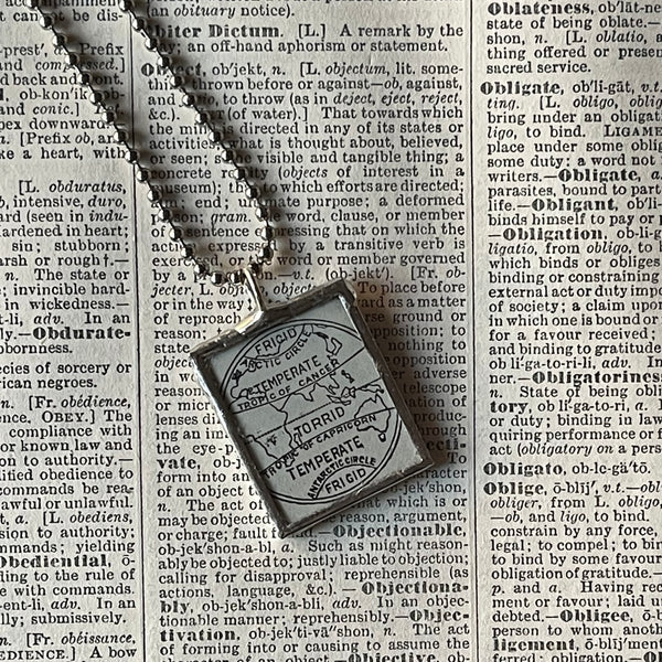 1 Climate zones, world maps, vintage dictionary illustrations, up-cycled to soldered glass pendant