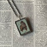 1 Owl, crested bird, vintage illustration upcycled to soldered glass pendant