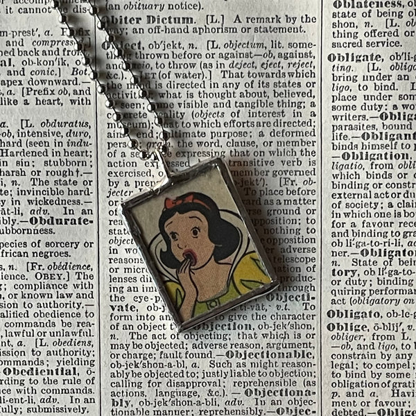 Snow White, Dopey, vintage illustrations, up-cycled to soldered glass pendant
