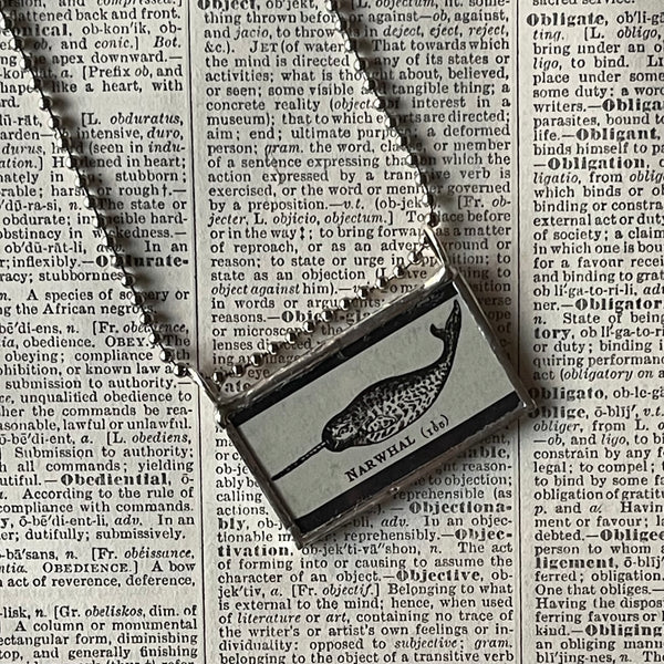 1 Narwhal, vintage scientific dictionary illustration, upcycled to hand soldered glass pendant
