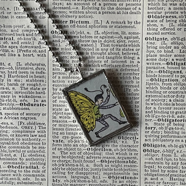 1 Fairy, butterfy vintage 1930s illustrations up-cycled to soldered glass pendant