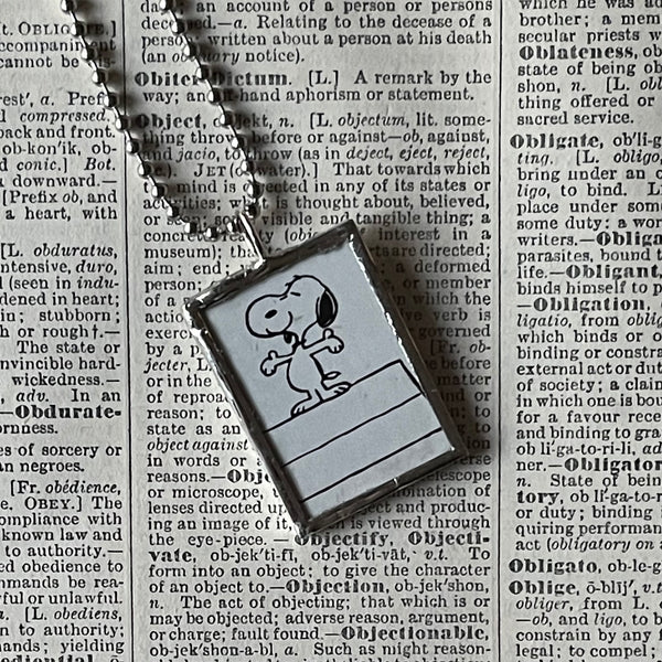 Snoopy, comic strip illustrations from vintage Peanuts book, up-cycled to hand-soldered glass pendant