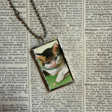 Cat, kitten, kitty, vintage children's book illustrations up-cycled to soldered glass pendant