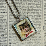 Cat, kitten, kitty, vintage children's book illustrations up-cycled to soldered glass pendant