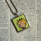 Calvin & Hobbes, original vintage comic book illustrations, upcycled to soldered glass pendant