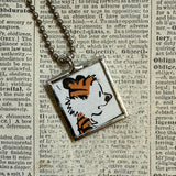 Calvin & Hobbes, original vintage comic book illustrations, upcycled to soldered glass pendant