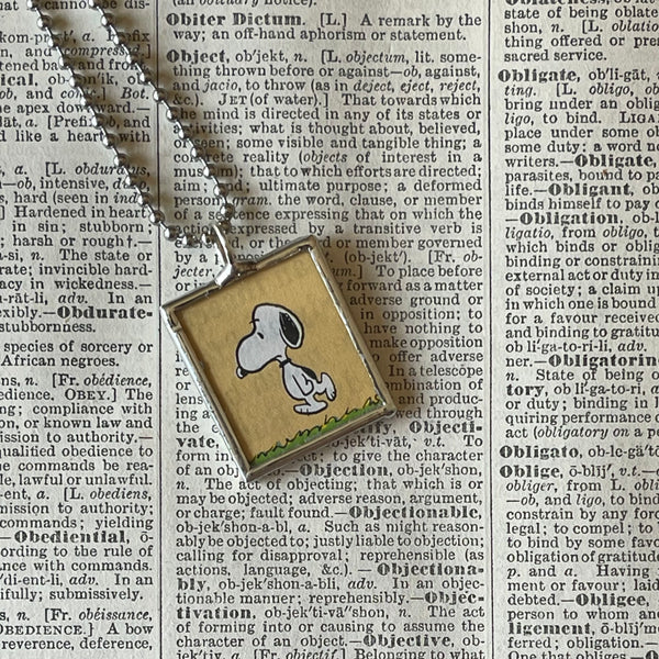 Snoopy, comic strip illustrations from vintage Peanuts book, up-cycled to hand-soldered glass pendant