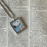 Snoopy, Linus, comic strip illustrations from vintage Peanuts book, up-cycled to hand-soldered glass pendant