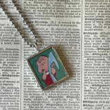 Snoopy, Linus, comic strip illustrations from vintage Peanuts book, up-cycled to hand-soldered glass pendant