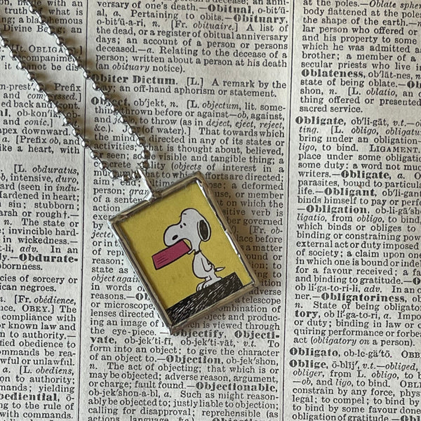 Snoopy, Charlie Brown, comic strip illustrations from vintage Peanuts book, up-cycled to hand-soldered glass pendant