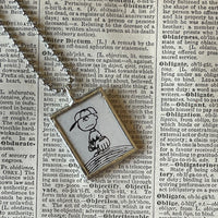 Snoopy, Charlie Brown, comic strip illustrations from vintage Peanuts book, up-cycled to hand-soldered glass pendant