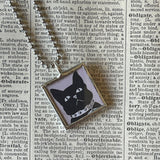 1 Black cat, kitten, kitty, vintage illustrations up-cycled to soldered glass pendant