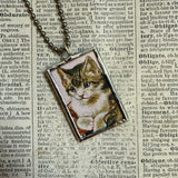 Cat, kitten, kitty, vintage children's book illustrations up-cycled to soldered glass pendant