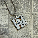 Calvin & Hobbes, original vintage comic book illustrations, upcycled to soldered glass pendant