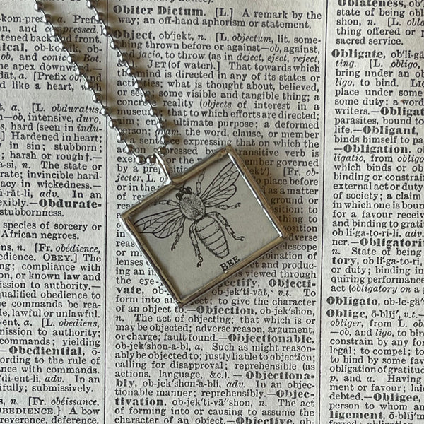 1 Bee, vintage dictionary illustration, up-cycled to soldered glass pendant