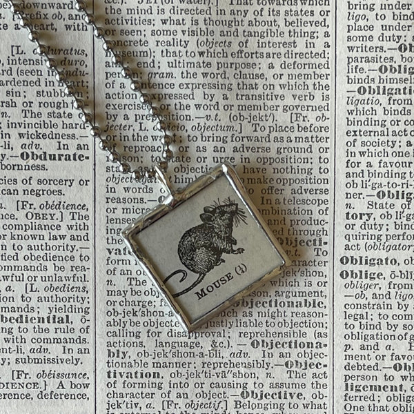 1 Mouse, vintage dictionary illustration, up-cycled to soldered glass pendant