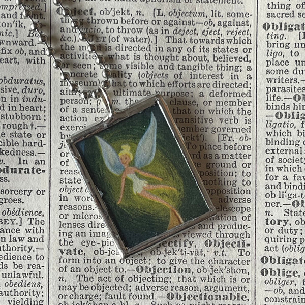 Tinkerbell, Peter Pan, vintage illustrations, up-cycled to soldered glass pendant
