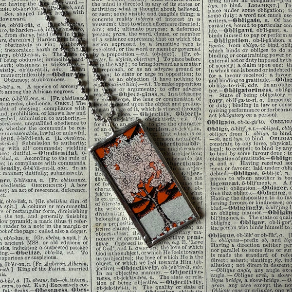 Flowering trees, vintage children's book illustrations, upcycled to soldered glass pendant
