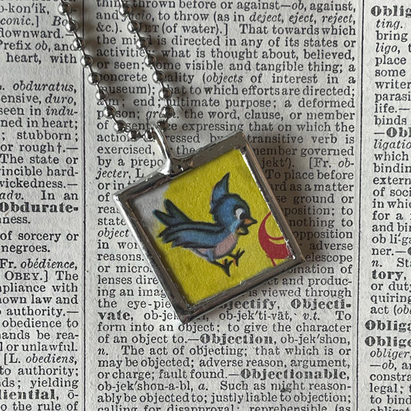 1 Bluebird, flowers, vintage children's book illustrations, up-cycled to soldered glass pendant