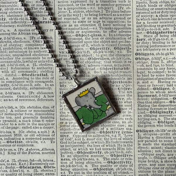 Babar, original vintage 1960s book illustrations, upcycled to soldered glass pendant