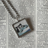 Cat, kitten, kitty, vintage children's book illustrations up-cycled to soldered glass pendant