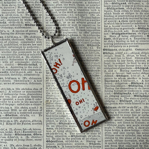 Oh! Oh! Oh! vintage children's book illustration upcycled to hand-soldered glass pendant