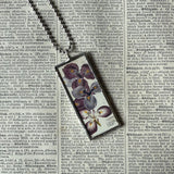 Hibiscus, purple iris, botanical illustrations, up-cycled to soldered glass pendant
