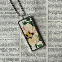 Hibiscus, purple iris, botanical illustrations, up-cycled to soldered glass pendant
