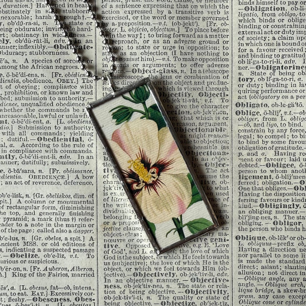 Hibiscus, purple iris, botanical illustrations, up-cycled to soldered glass pendant