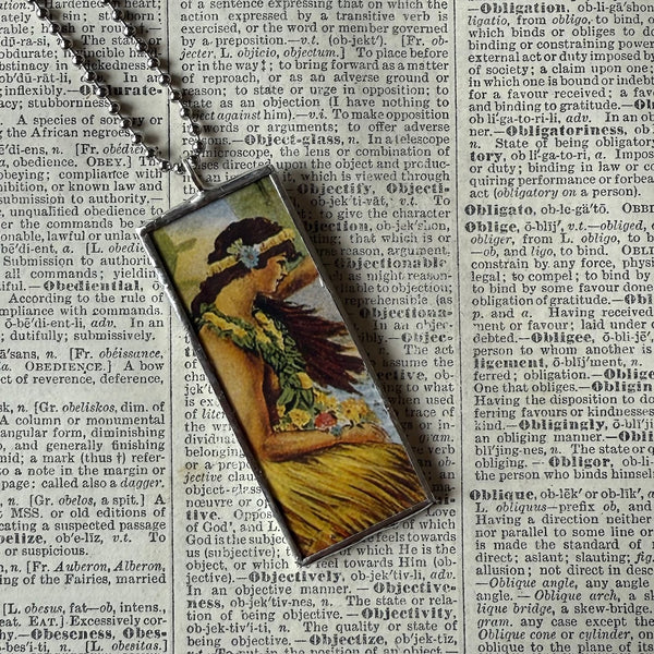 Vintage Hawaii postcards - Hula girl, Volcano, hand-soldered glass pendant