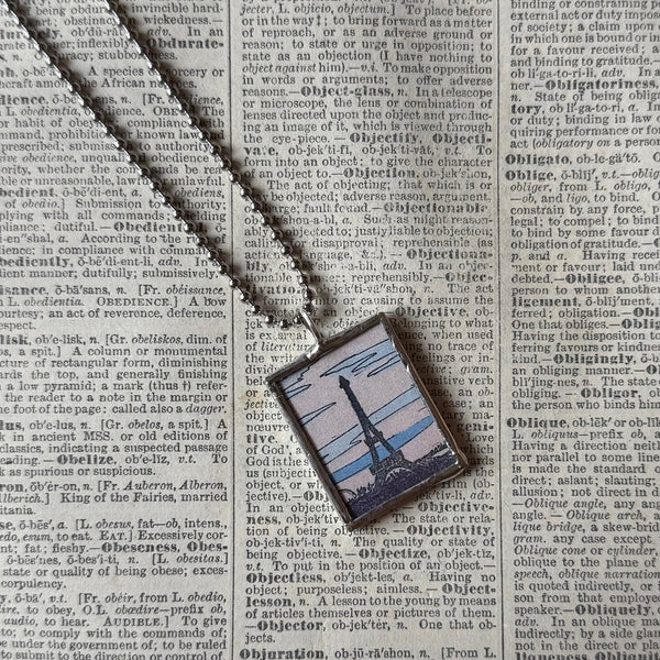 Paris France, Eiffel Tower, hand-soldered glass pendant, vintage illustrations,  upcycled to soldered glass pendant