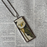 Red poppy, cala lily, vintage botanical illustration, upcycled to soldered glass pendant