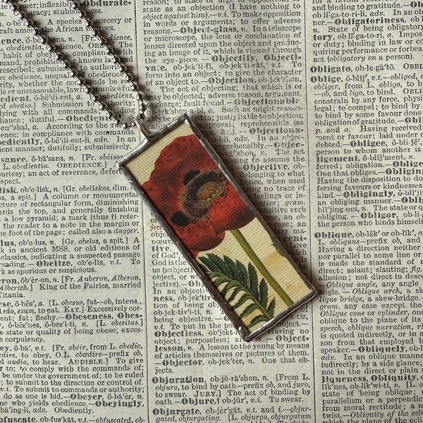 Red poppy, cala lily, vintage botanical illustration, upcycled to soldered glass pendant