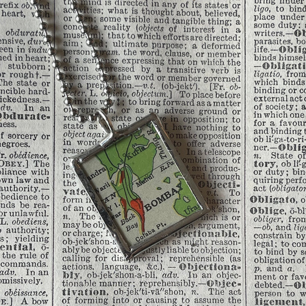 Bombay, India, vintage maps upcycled to hand-soldered glass pendant