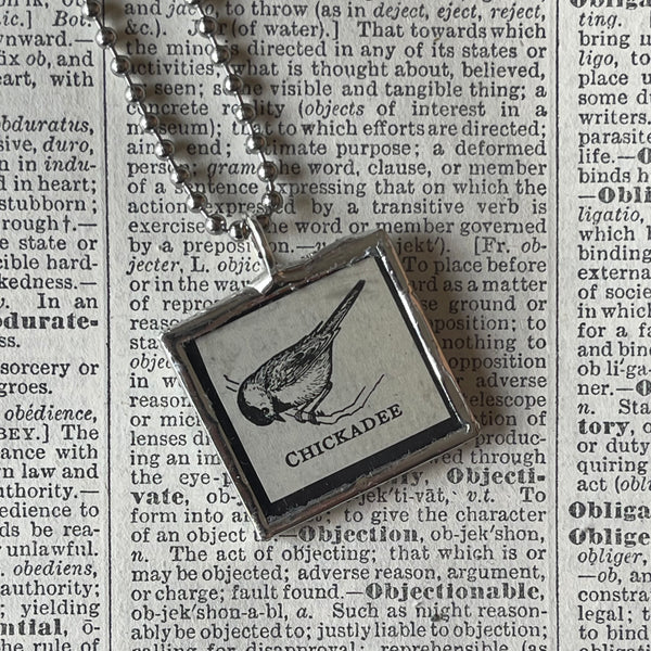 1 Chicadee bird, vintage dictionary illustration, up-cycled to soldered glass pendant