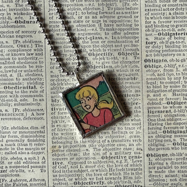 Betty and Veronica vintage 1970s comic illustration, upcycled to soldered hand-soldered glass pendant