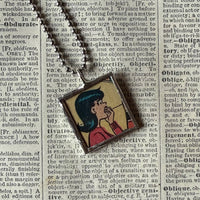 Betty and Veronica vintage 1970s comic illustration, upcycled to soldered hand-soldered glass pendant