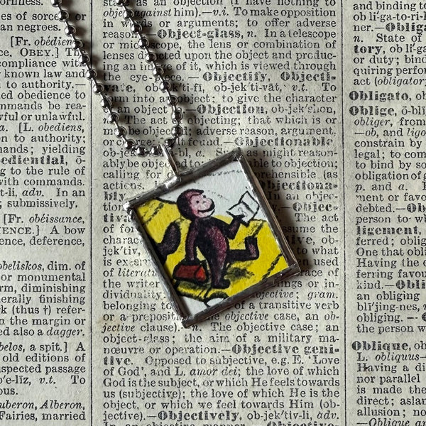 Curious George, original vintage childrens' book illustrations, upcycled to soldered glass pendant