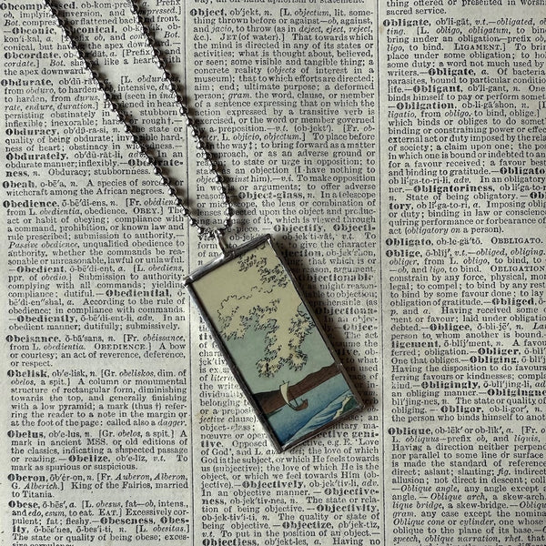 Cypress trees, Mt. Fuji, Wave, Japanese woodblock prints, up-cycled to hand-soldered glass pendant