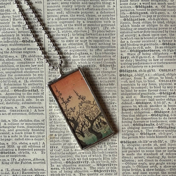 Plum / Cherry Blossom Trees, Japanese woodblock prints, up-cycled to hand-soldered glass pendant