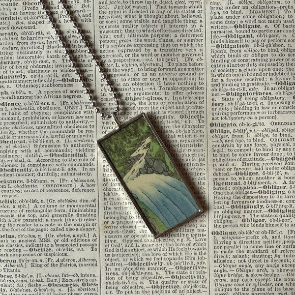 Waterfall, Mt. Fuji, Wave, Japanese woodblock prints, up-cycled to hand-soldered glass pendant
