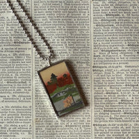 Crane, landscape scene, Japanese woodblock prints, up-cycled to hand-soldered glass pendant