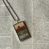 Crane, landscape scene, Japanese woodblock prints, up-cycled to hand-soldered glass pendant