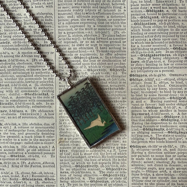 Crane, landscape scene, Japanese woodblock prints, up-cycled to hand-soldered glass pendant