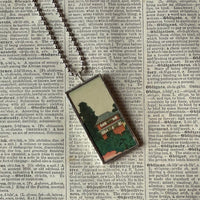 Plum / Cherry Blossom Trees, Pagoda, Japanese woodblock prints, up-cycled to hand-soldered glass pendant